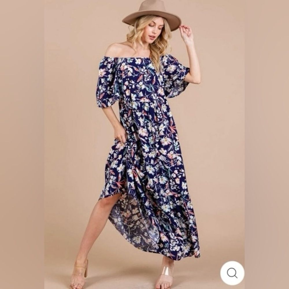 Ces Femme Navy Floral Dress Off-Shoulder Maxi Dress